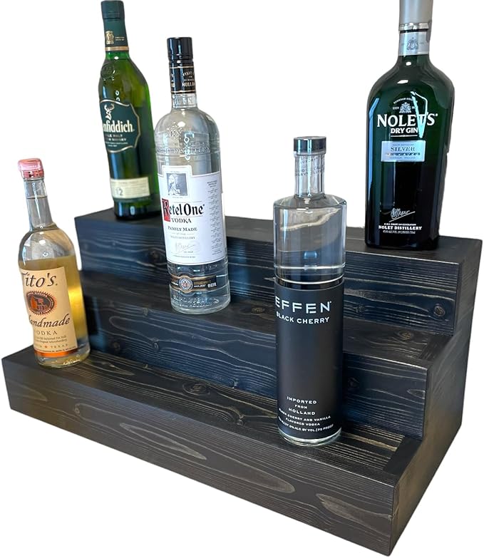 Handmade Tiered Display Shelving - Three Tier Bar Display - Bar Organizer - Liquor Bottle Display (30" without Back, Black)