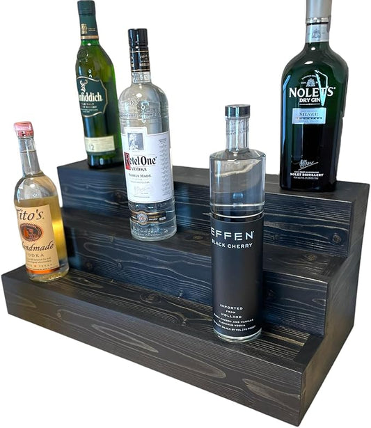 Handmade Tiered Display Shelving - Three Tier Bar Display - Bar Organizer - Liquor Bottle Display (36" without Back, Black)