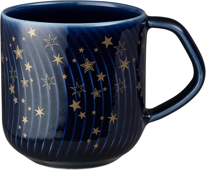 Denby - Porcelain Arc Blue Stars Coffee Mug Set of 4-13.5oz Gold Pattern Tea Mug Set For Office & Home - Dishwasher Safe, Microwave Safe - Ceramic Cups With Blue Glaze