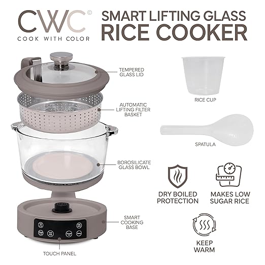 COOK WITH COLOR 3L Glass Mini Low Carb Rice Cooker ??Holds 2 Cups Raw/Makes 6 Cups Cooked with Auto Lift Filter Basket, Hotpot & Steamer for Rice, Grains, Digital Panel with Keep Warm, Goat/Mink