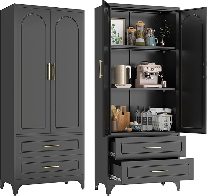 75??Metal Kitchen Pantry Storage Cabinet, Tall Storage Cabinets with Drawers and Adjustable Shelves, Modern Kitchen Hutch Cabinet竊똅reestanding Cupboard for Dining Living Room