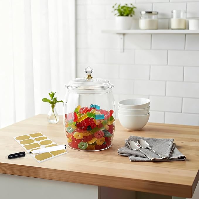 4 Pcs Candy Jars with Lids,Plastic Cookie Storage Jar Airtight Food Storage Containers Includes 4 Spoons + Label Stickers & Pen, 2.2L Clear Apothecary Jars for Kitchen Counter