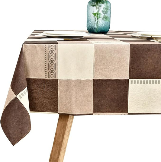 LOHASCASA Square Tablecloth Plastic PVC Wipeable Oilcloth - Vynle Spillproof Tablecloth Party Kitchen Dining Tablecloths - Tan and Brown Plaid 54x54 Inch