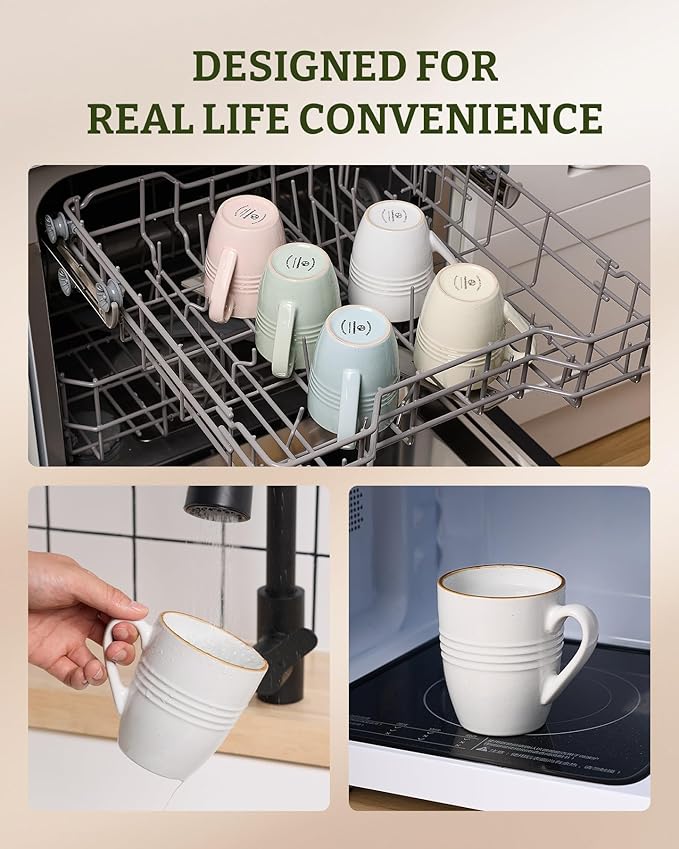famiware Jupiter Coffee Mugs Set of 6, 14 OZ Coffee Mug, Microwave and Dishwasher Safe, Coffee Cups with Handle for Coffee, Tea, Cocoa, Milk, White