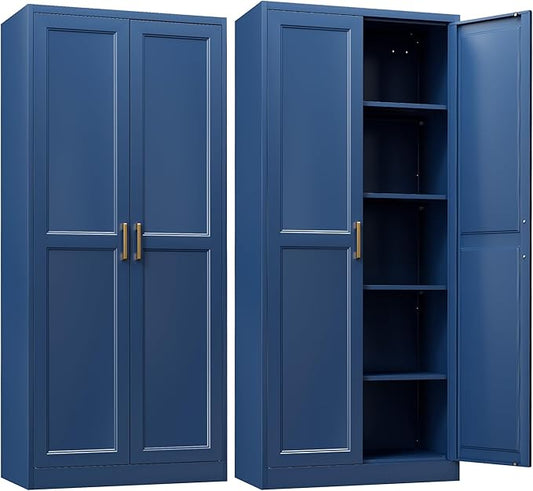 Kitchen Pantry Cabinet,71?쒫lue Metal Pantry Storage Cabinets with Doors and 4 Adjustable Shelves,Kitchen Cabinet with 2 Gold Handles,Tall Cabinet for Livingroom,