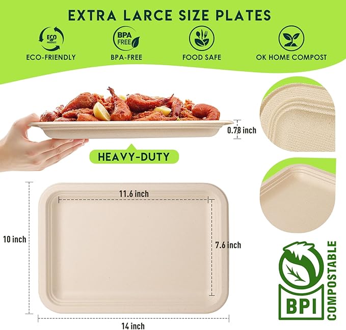 14 Inch 50 Pack Disposable Crawfish Trays Eco-friendly Heavy-Duty Large Paper Plates 100% Compostable Disposable Trays for Crawfish, BBQ, Seafood Boil Party Supplies Natural