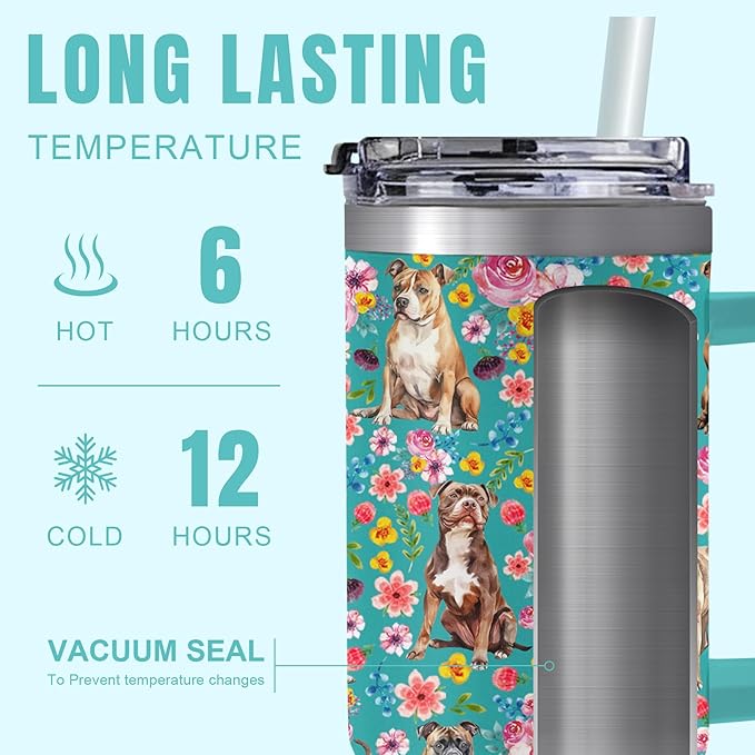 Yogusut Pitbull Gifts for Women, 40oz Stainless Steel Insulated Tumbler Travel Mug Cup with Handle Straw, Gifts for Dog Mom Dog Lover