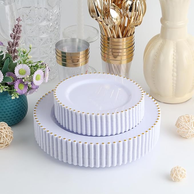 EI 60pcs White Plastic Plates with Gold Rim,Heavy Duty Plastic Plates Disposable,White and Gold Plate for Party,Wedding,Birthday,Afternoon Tea,Spring,Mother's Day,Valentine's Day