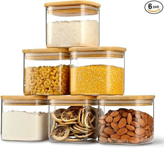 22oz Airtight Square Spice Containers with Bamboo Lid Set of 6 (650ml) Kitchen Pantry Organization Jar Stackable Spice Jar, for Sugar, Tea, Cookies and Coffee beans (?럚ith Black Lable)