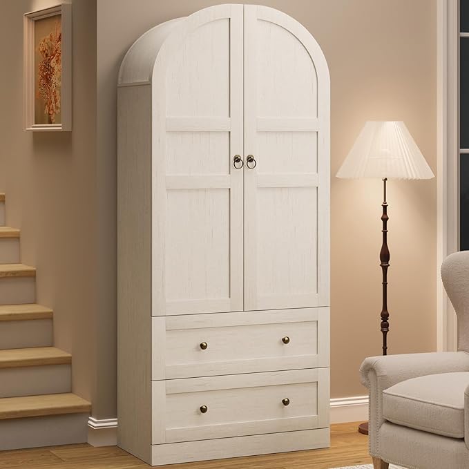 CABIHOME 72" Tall Arched Kitchen Pantry Cabinet, Freestanding Farmhouse Storage Cupboard with Doors, Drawers & Shelves, Versatile Wooden Organizer for Dining Room, Living Room, Rustic White