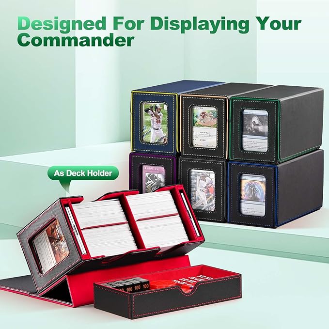 Card Deck Box for MTG, Double Card Storage Box with 2 Commander Display & 1 Dice Tray, Fits 200+ Double Sleeved Cards, Organizer for CCG TCG Sports Cards (Black Green)