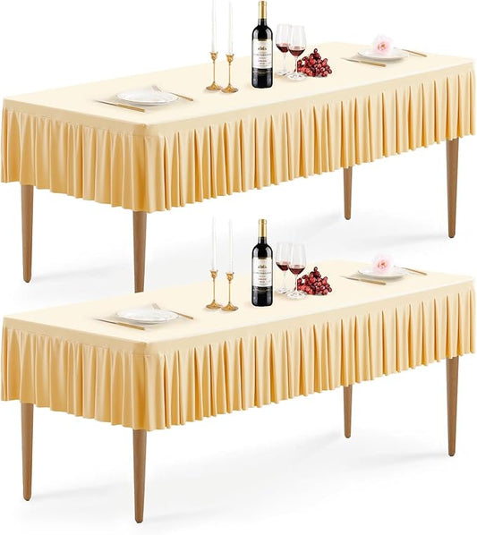 Wish Care 2 Pack Champagne Spandex Table Clothes for 6 Foot Rectangle Tables Wrinkle Free Stretch Fitted Tablecloths 6ft Pleated Ruffle Elastic Table Cover Skirt for Wedding Birthday Banquet Party