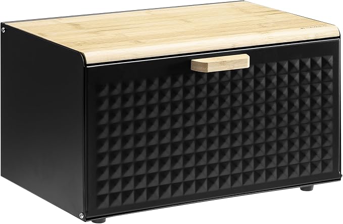 Navaris Metal Bread Bin Container with Bamboo Lid - Large Aesthetic Black Bread Bins for the Kitchen - Bread Box Containers for Small Items Storage - Bread Storing Bin Set