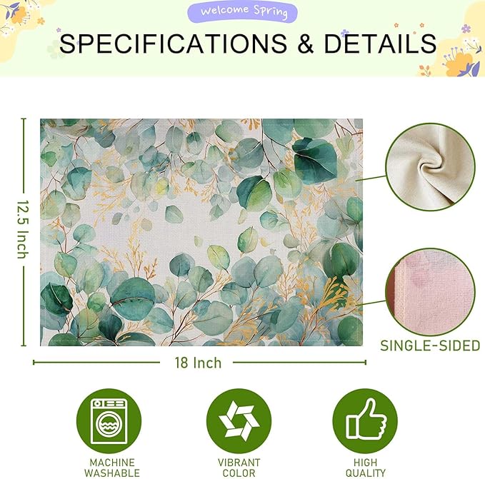 Jauageon Green Eucalyptus Leaves Placemat Set of 4 Spring Plants Placemats Spring Summer Table Mats for Indoor Outdoor Home Party Kitchen Dining Decor Farmhouse Burlap Table Mats 12x18 Inch