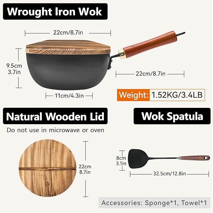 WANGYUANJI Iron Wok 8.7 Inch Deep Frying Skillet with Wooden Lid ??Versatile Flat Bottom Stir-Fry Pan, Chemical-Free & Induction Compatible, Ideal Wrought Iron Small Wok for Home, Chef & Pro Use