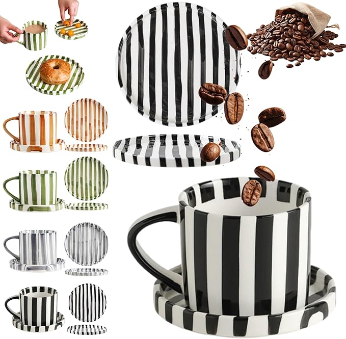 Retro Striped Hand-Painted Ceramic Mark Hand-Held Cup, Retro Striped Ceramic Coffee Mug, 9 oz Hand-Painted Stripeds Ceramics Coffee Mug with Cups, Saucers and Plates (Black-P)