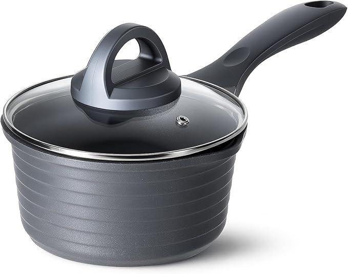 JEETEE Ceramic Sauce Pan with Lid, 1.5 QT Titanium Non Stick Cooking Pot for Home Kitchen, Suitable for Induction, Non Toxic, PFOA/PFAS Free (Gray)