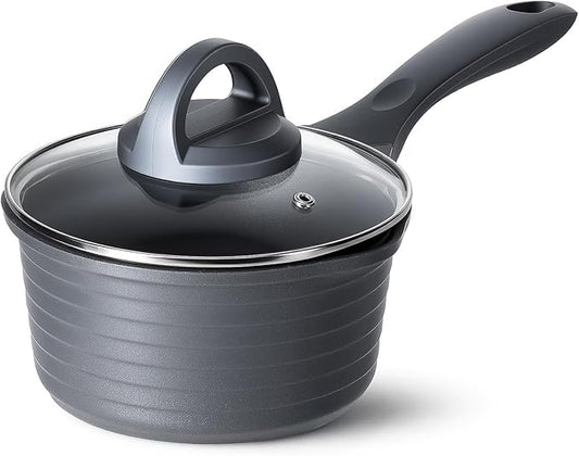 JEETEE Ceramic Sauce Pan with Lid, 1.5 QT Titanium Non Stick Cooking Pot for Home Kitchen, Suitable for Induction, Non Toxic, PFOA/PFAS Free (Gray)