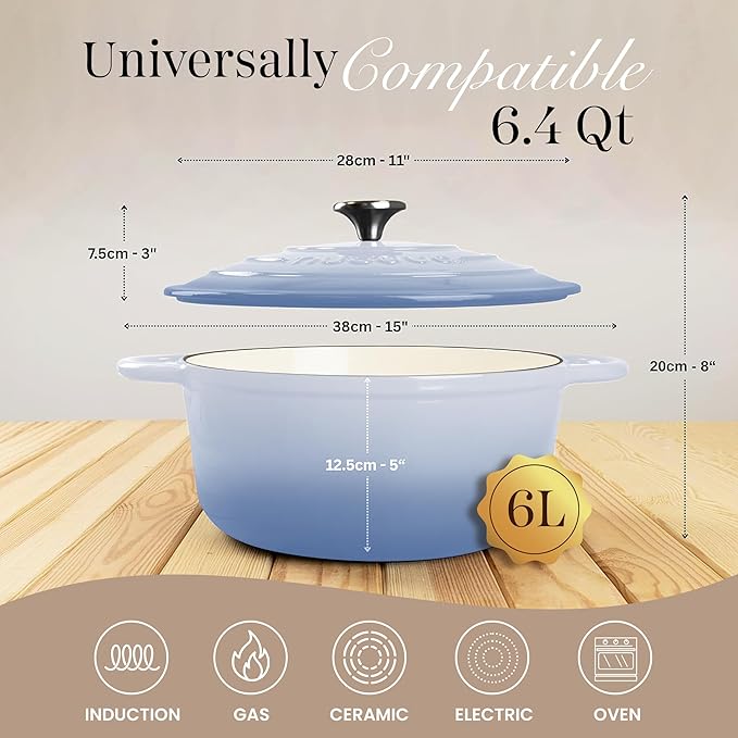 Nuovva Enamelled Cast Iron Dutch Oven Pot with Lid 6.4 Quart Non Stick Casserole Pot ??Heavy Duty & Oven Safe up to 500째 F for Bread Baking, Braising, Stews, Roasting ??28cm Costal Blue