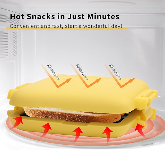 Microwave Sandwich Maker, Heat-Resistant Silicone Rubber Shell, Advanced HeatWave Technology, Non-Stick Plates, Easy to Clean, Makes Toast, Sandwiches, Paninis, and Patties (Yellow)