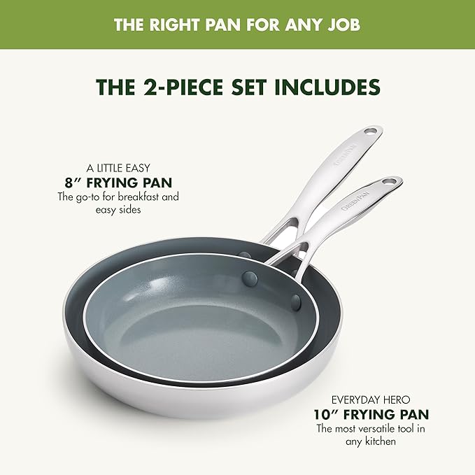 GreenPan Valencia Pro Tri-Ply Stainless Steel 8??and 10??Frying Pan Skillet Set, Ceramic Nonstick PFAS-Free Coating, Multi Clad Cookware, Induction, Dishwasher Oven and Broiler Safe