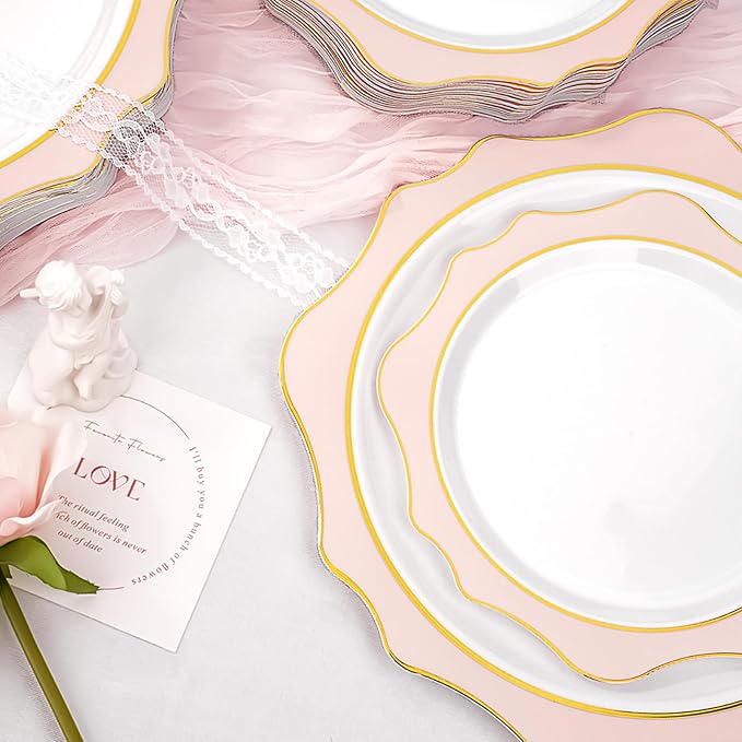 100 PCS White and Pink Disposable Plates for 50 Guests, Scalloped Plastic Plates Include 50 Dinner Plates and 50 Dessert Plates for Party, Wedding and Graduation