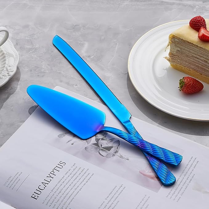 Blue Wedding Cake Knife and Server Set, Stainless Steel Cake Cutting Set, Cake Cutter and Pie Server for Wedding, Birthday, Party
