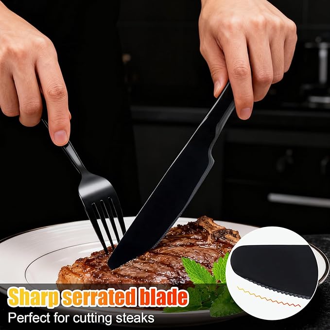 24 PCS Black Silverware Set,Food-Grade Stainless Steel Flatware with Steak Knives,Mirror Polished Utensil Sets for 4,Tableware Cutlery Set Include Forks and Spoons for Kitchen,Home,Restaurant