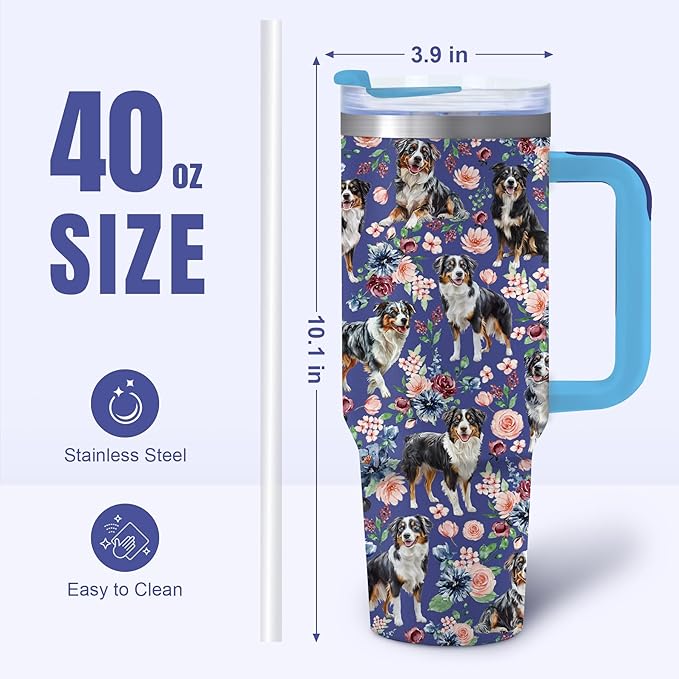 Yogusut Australian Shepherd Gifts for Women, 40oz Stainless Steel Insulated Tumbler Travel Mug Cup with Handle Straw, Gifts for Dog Mom Dog Lover