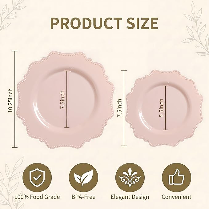 COLOSUS Disposable Pink Party Plastic Plates Set, 60 Pack (30 Guest) Dinner & Salad/Dessert Plate for Spring Wedding Birthday Party Dinner,Easter Day party plates