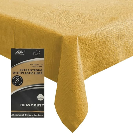 [6 Pack] Gold Square Tablecloths 54x54 Inch, Disposable Paper Table Cloth for Square and Round Tables, Waterproof 3-Ply Paper & Platic Table Cover for Christmas Fall Hosting Picnic Reunions