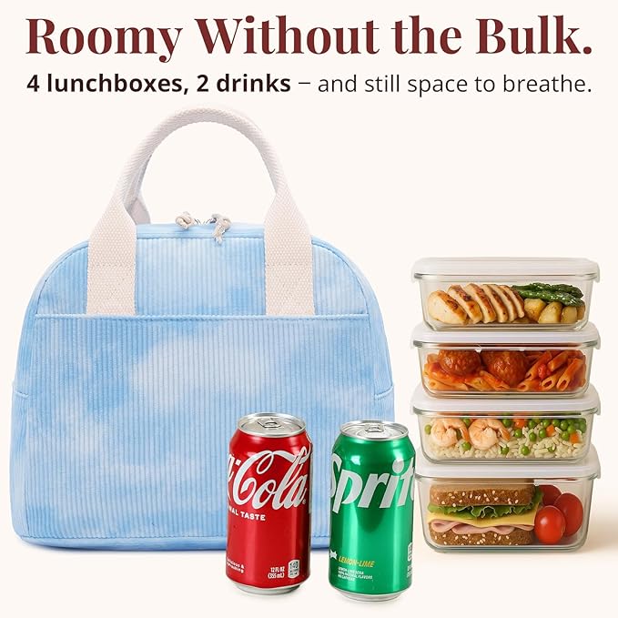 LOVELYWIND Insulated Sky Blue Lunch Bag for Women, Stylish Corduroy Tote with Aluminum Lining, Large Capacity Reusable Cooler for Work, Travel, or Beach, Beige Cream Water-Resistant Lunch Box