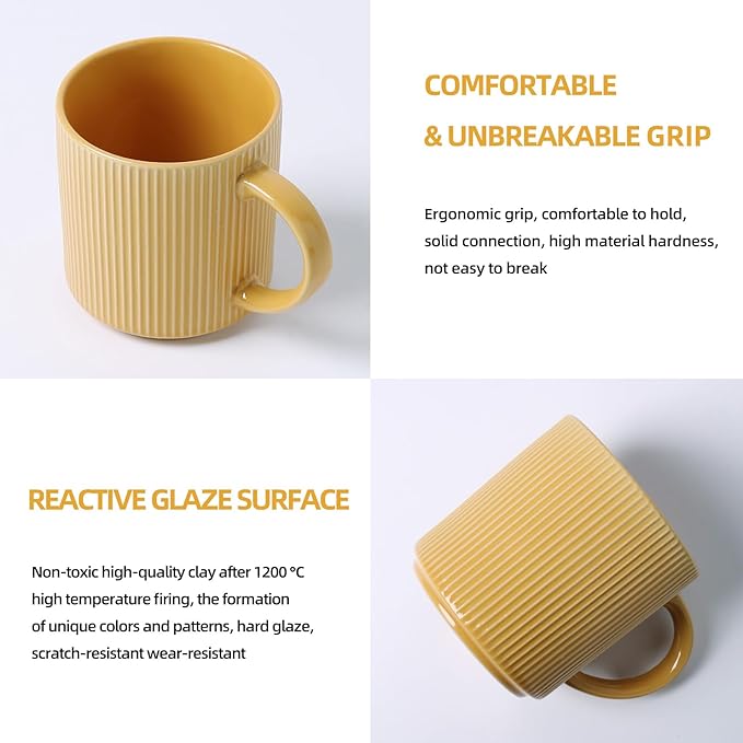 MONITO 16Oz Coffee Mugs Set of 4, Rustic Ceramic Coffee Cups Set with Large Handle, Vintage Striped Stoneware Coffee Mugs for Latte, Cocoa, Tea, Milk, Microwave & Dishwasher Safe, Lemon Yellow