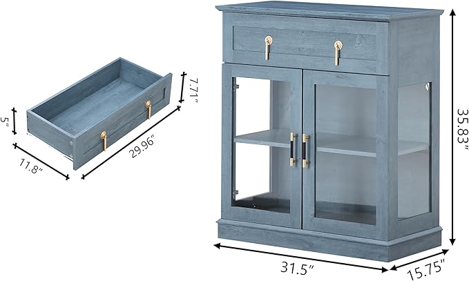 31.5'' Accent Small Buffet Cabinet with Storage, Buffet Sideboard with Two Glass Doors and a Drawer,Small Coffee bar Cabinet with Adjustable Shelf,for Kitchen and entryway,Blue