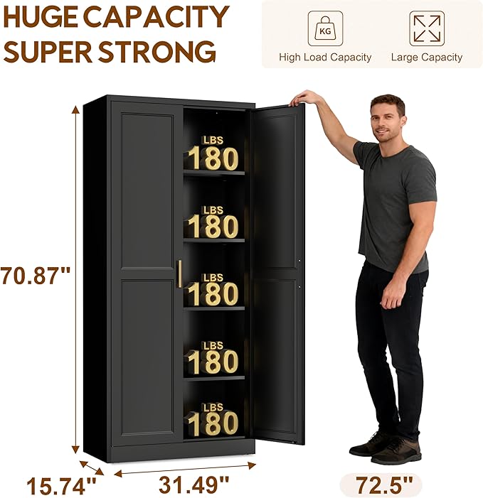 71" Kitchen Pantry Cabinet, Pantry Storage Cabinet with Doors and 4 Shelves, Metal Storage Cabinets for Kitchens, Living Room, Dinning Room, Assembly Required, Black