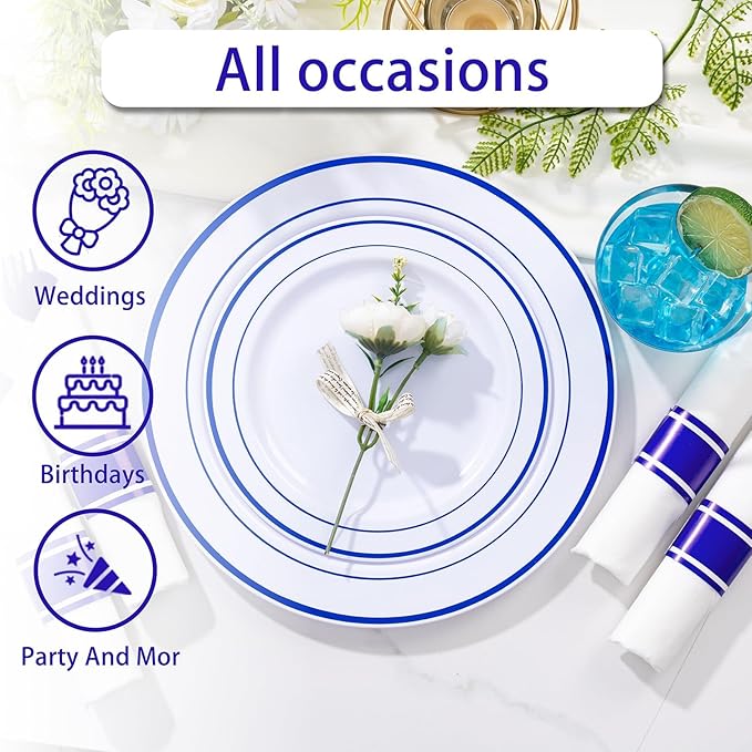 WELLIFE 350 Pieces Blue Plastic Plates - Disposable Silverware and Cups, Include: 50 Dinner Plates 10.25?? 50 Dessert Plates 7.5?? 50 Blue Cups 9 OZ, 50 Plastic Cutlery
