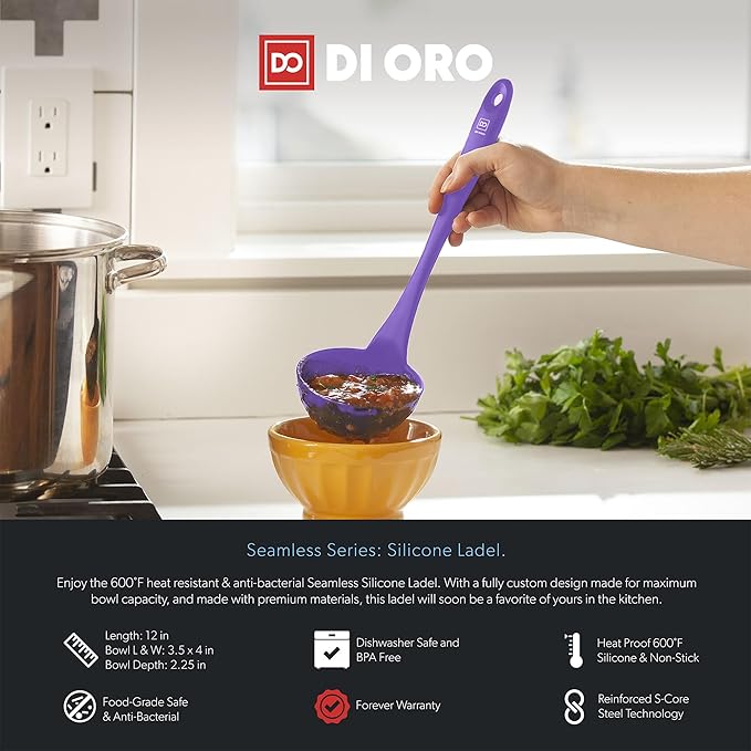 DI ORO Silicone Ladle ??Soup Ladle for Cooking & Serving Heat-Resistant - Large Kitchen Ladle Nonstick Cookware Safe - Soup Serving Spoon with Wide Bowl - Silicone Utensil Dishwasher Safe (Lavender)