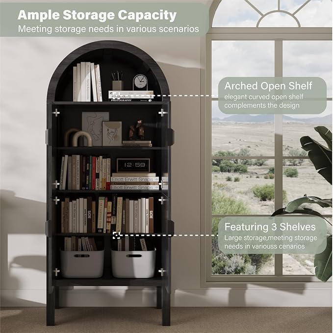 71" Tall Arched Fluted Storage Cabinet - Modern Pantry Cabinet with 4-Tier Shelves, Open Display & Sealed Storage, Accent Sideboard for Living Room Kitchen Dining Room (Dark Gray)