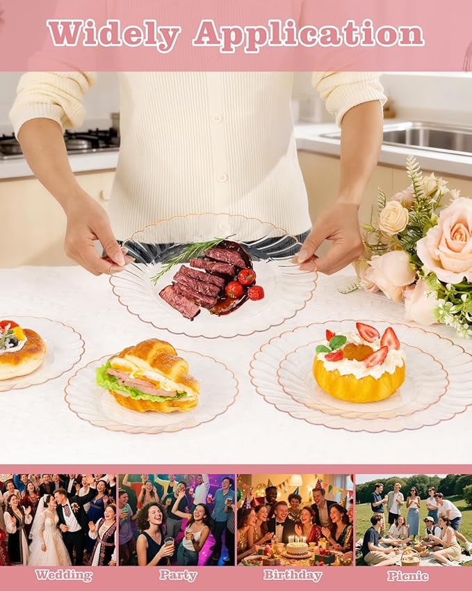 YOUBET 100PCS Rose Gold Scalloped Plastic Plates - Heavy Duty Clear Rose Disposable Fancy Hard Plates Include 50 Dinner Plate, 50 Dessert Plate for Wedding & Baby Shower Party