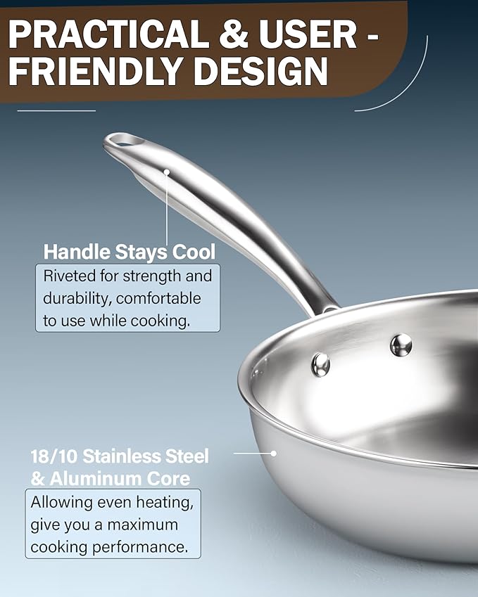 Cook N Home 8-inch Stainless Steel Frying Pan, Tri-Ply Clad 18/10 Stainless Steel Skillet Saut챕 Cooking Fry Pan, Induction Cookware, Silver