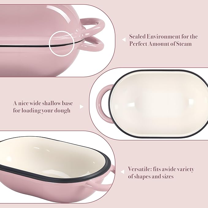 3 QT Oval Dutch Oven for Bread Baking, Enamelled Cast Iron Bread Oven for Sourdough, Sourdough Loaf Pan with Lid, Heavy-Duty Non Stick Bread Pan for Homemade Bread Baking, Pink