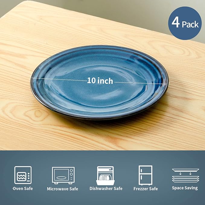 HASENSE Ceramic Dinner Plates Set of 4,10 Inch Large Porcelain Pasta and Salad Plates,Blue Stoneware Plate Set Microwave,Oven,and Dishwasher Safe