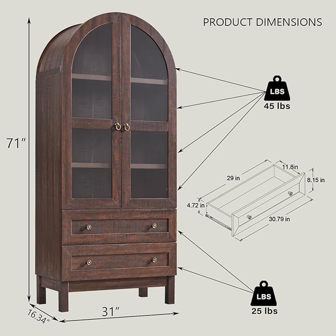 71" Tall Arched Kitchen Pantry Cabinet, Wood Kitchens Storage Cabinets with 2 Large Drawers and Adjustable Shelves, Modern Farmhouse Versatile Cupboard for Kitchen, Dining Room, Bathroom, Brown