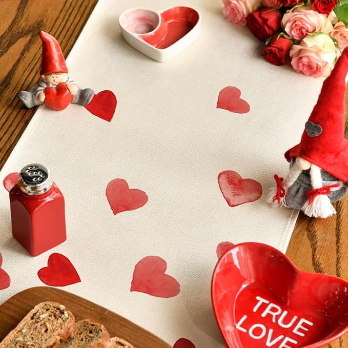 Artoid Mode Red Heart Valentine's Table Runner, Seasonal Anniversary Wedding Kitchen Dining Table Decoration for Home Party Decor 13x48 Inch