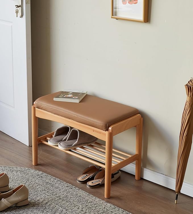 Vadisun Solid Wood Shoe Bench Assembled, Shoe Rack Bench with Silicone Leather Cushion for Entryway, Living Room, Bedroom, Hallway, 11.8" x 31.5" x 16.5", Natural & Brown
