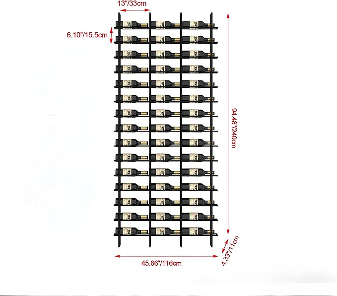 45-Bottle 3-Column Wall-Mounted Wine Rack, Black Metal Wine Bottle Holder with Vertica Design, Space-Saving Wine Storage Shelf for Home Bar, Kitchen, Restaurant & Cellar(45 Bottles, 45.67" W)