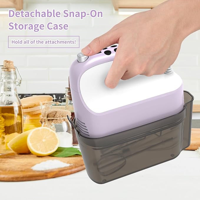 Yomelo 9-Speed Digital Hand Mixer Electric, 400W Powerful DC Motor, Hand Mixer Electric Handheld with Snap-On Storage Case, 5 Stainless Steel Accessories, Beaters, Dough Hooks, Whisk(Lilac Purple)