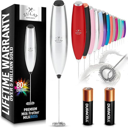 Zulay Kitchen Handheld Milk Frother with Duracell AA Batteries ??Ultra Fast Electric Mixer & Foam Maker, Easy-Clean Drink Mixer for Coffee & More