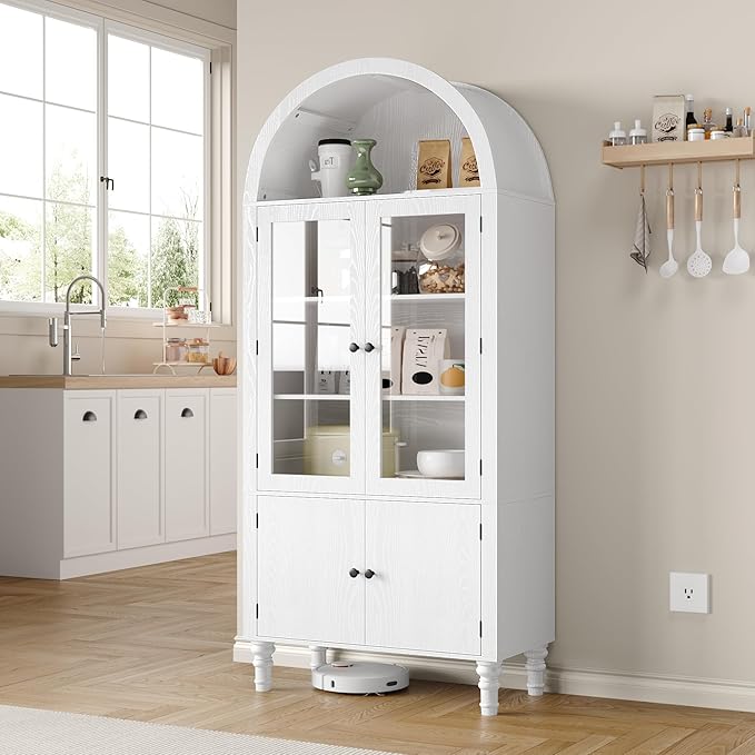 71" Tall Arched Pantry Cabinet, Modern Kitchen Storage Cabinet with Doors, 3 Adjustable Shelves, Door Shelves, Organizer, Versatile Cupboard for Kitchen, Bathroom, White