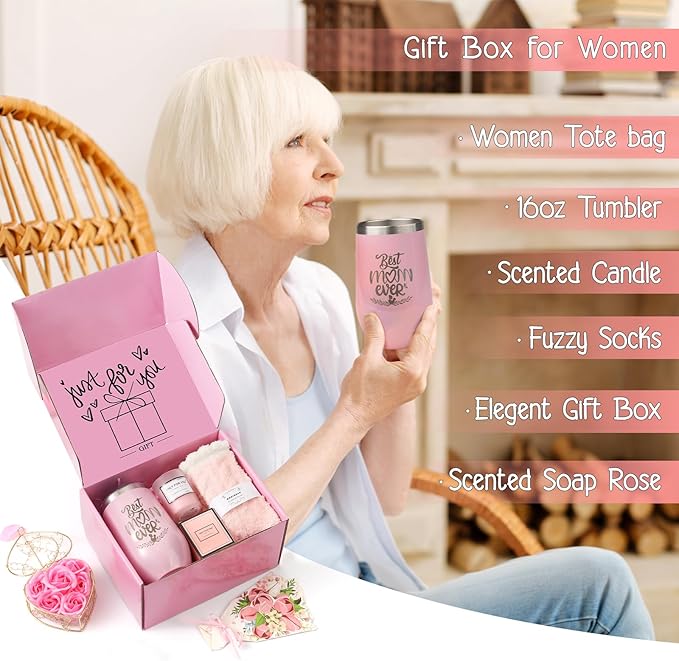 Christmas Gift baskets for Mom, Christmas Gift Sets for Mother from Daughter Son, Birthday, Thanksgiving Day, Care Package for Mother with Canvas Tote Bag Sock Tumbler Soap Flower Pink
